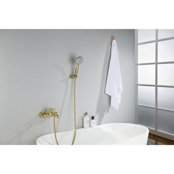 AQ1349BG ЕВРОПА смеситель для ванны с душевым набором 3jet, шлиф. золото. Фото 5