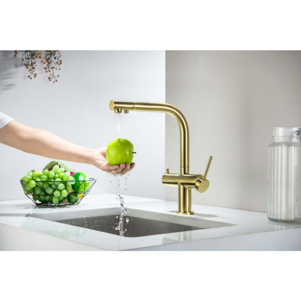 AQ1385BG ЕВРОПА смеситель для кухни с подключением к фильтру питьевой воды, шлиф. золото. Фото 3