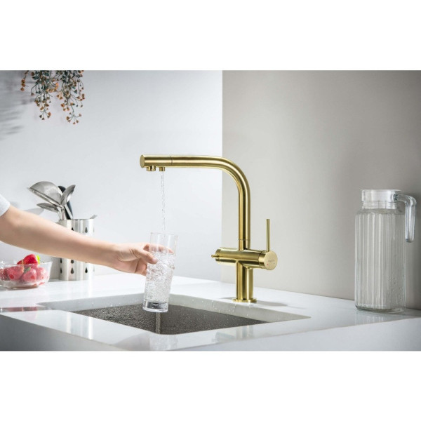 AQ1385BG ЕВРОПА смеситель для кухни с подключением к фильтру питьевой воды, шлиф. золото. Фото 4