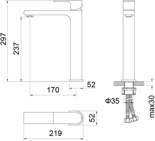 AQ1404MB ЛИРА смеситель для раковины высокий 237, без донного клапана, матовый черный. Фото 2