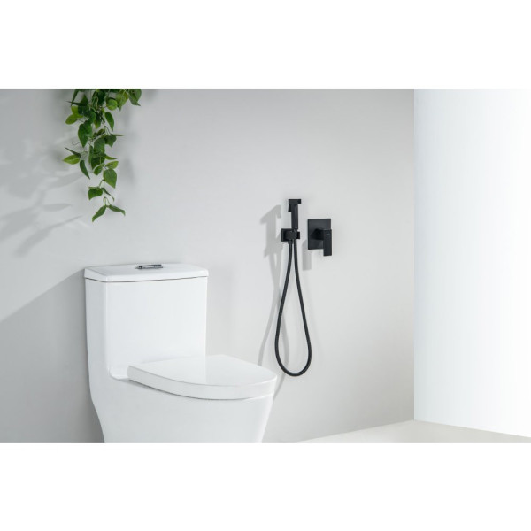 AQ1419MB ЛИРА набор с гигиеническим душем (смеситель + гигиеническая лейка + шланг + шланговое подсоединение с держателем), матовый черный. Фото 3