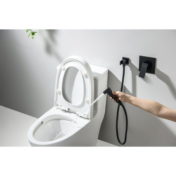 AQ1419MB ЛИРА набор с гигиеническим душем (смеситель + гигиеническая лейка + шланг + шланговое подсоединение с держателем), матовый черный. Фото 5