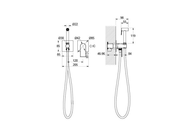 AQ1420CR ЛИРА комплект для гигиенического душа встроенный 2 отв. (смеситель + гигиеническая лейка + шланг). Фото 2