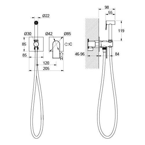 AQ1420MB ЛИРА комплект для гигиенического душа встроенный 2 отв. (смеситель + гигиеническая лейка + шланг), матовый черный. Фото 2