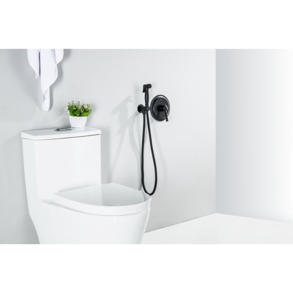 AQ1519MB КЛАССИК набор с гигиеническим душем (смеситель + гигиеническая лейка + шланг + шланговое подсоединение с держателем), матовый черный. Фото 2