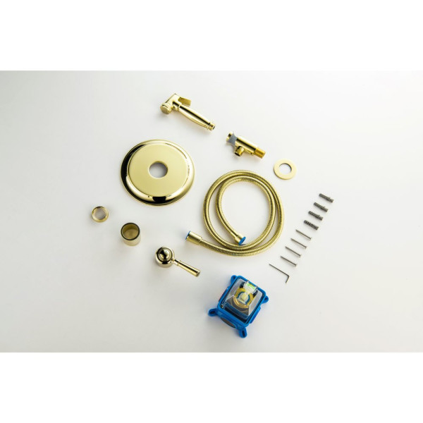 AQ1519PG КЛАССИК набор с гигиеническим душем (смеситель + гигиеническая лейка + шланг + шланговое подсоединение с держателем), полир. золото. Фото 12