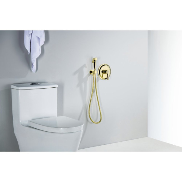 AQ1519PG КЛАССИК набор с гигиеническим душем (смеситель + гигиеническая лейка + шланг + шланговое подсоединение с держателем), полир. золото. Фото 3