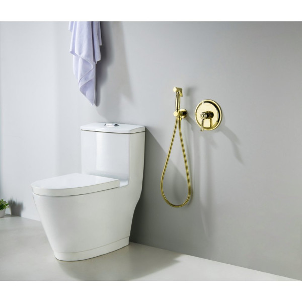 AQ1519PG КЛАССИК набор с гигиеническим душем (смеситель + гигиеническая лейка + шланг + шланговое подсоединение с держателем), полир. золото. Фото 4