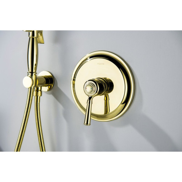 AQ1519PG КЛАССИК набор с гигиеническим душем (смеситель + гигиеническая лейка + шланг + шланговое подсоединение с держателем), полир. золото. Фото 6