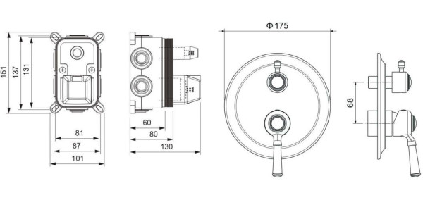 AQ1547PG КЛАССИК смеситель для ванны 3 режима (внешняя и скрытая часть), полир. золото. Фото 2