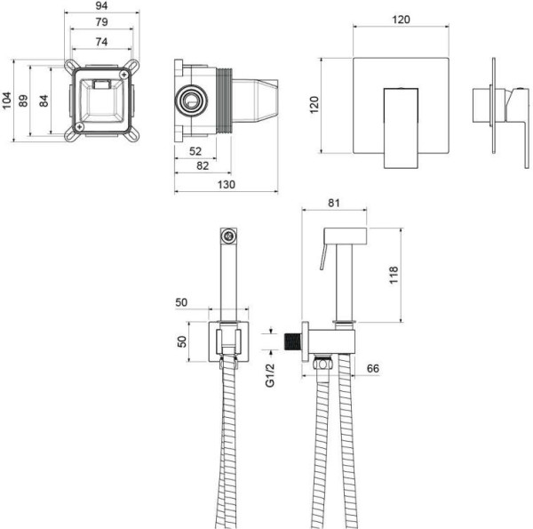 AQ1619MB ЛИБРА набор с гигиеническим душем (смеситель + гигиеническая лейка + шланг + шланговое подсоединение с держателем), матовый черный. Фото 2
