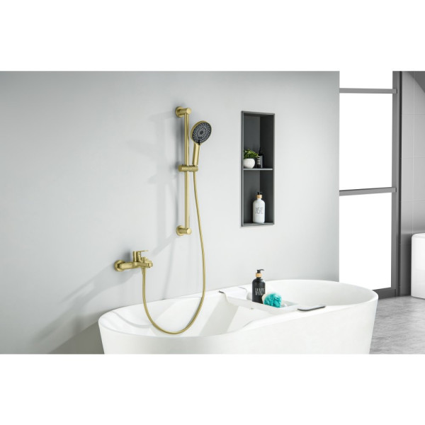 AQ1748BG ЛУГАНО смеситель для ванны с душевым гарнитуром 3jet, шлиф. золото. Фото 5