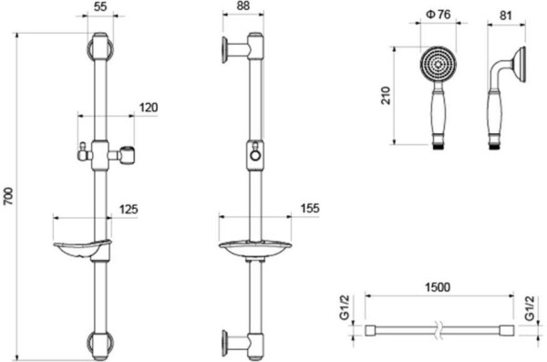 AQ2020PG КЛАССИК душевой гарнитур 1jet 65 см, полир. золото. Фото 2