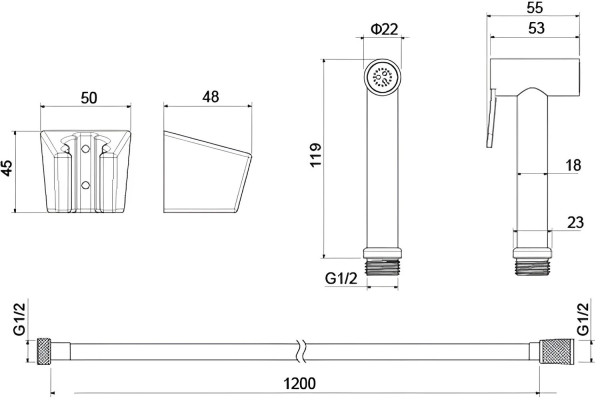 AQ2054CR гигиенический ручной душ со шлангом 120 см и держателем. Фото 2