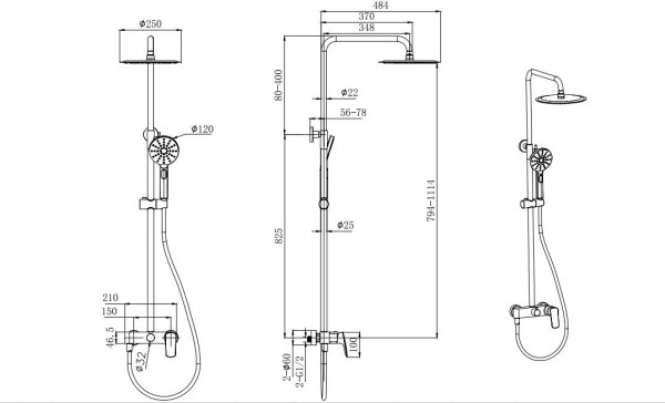 AQ2060MB ВЕГА душевая система (смеситель для душа) 3jet 250мм, матовый черный. Фото 2