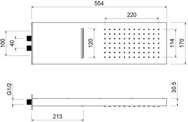 AQ2085MB настенный верхний душ 2 jet 550*170*30 мм, матовый черный. Фото 2