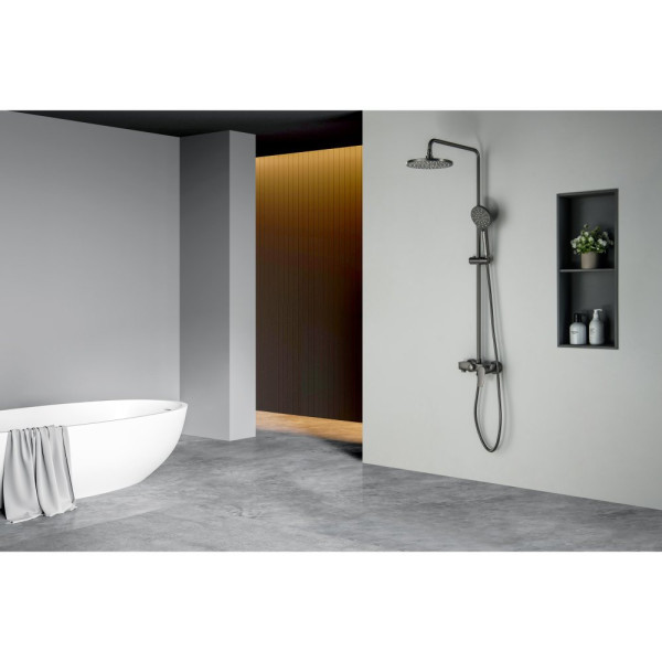 AQ2140BGM БЕТТА душевая система (смеситель для ванны) 220мм, оружейная сталь (шлиф. черный хром). Фото 14