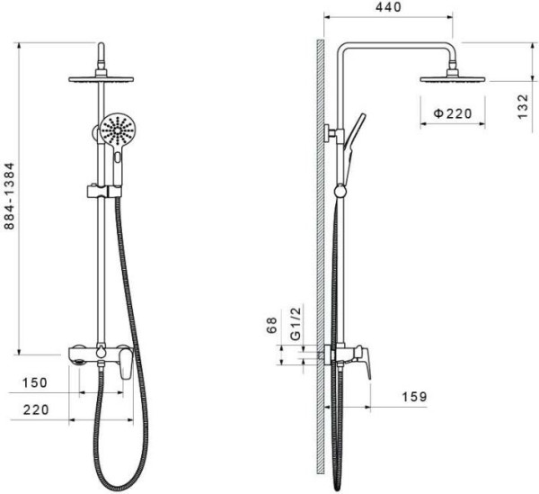 AQ2140CR БЕТТА душевая система (смеситель для ванны) 220мм. Фото 14