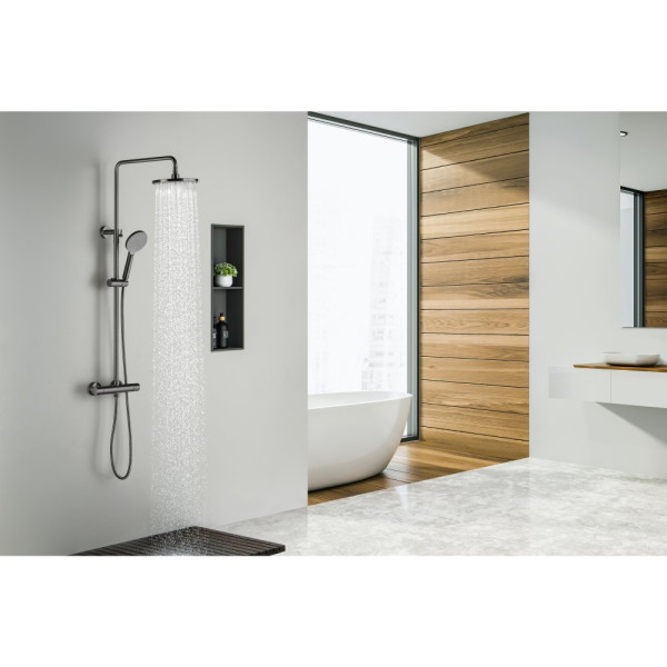 AQ2343BGM ЕВРОПА термостатическая душевая система (смеситель для душа) 220мм, оружейная сталь (шлиф. черный хром). Фото 11