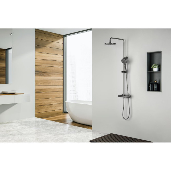 AQ2343BGM ЕВРОПА термостатическая душевая система (смеситель для душа) 220мм, оружейная сталь (шлиф. черный хром). Фото 12