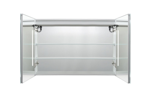 AQ7104-MLC Алюминиевый зеркальный шкаф с подсветкой 1000*700*133,крепеж.Две зерк. дверцы 49,85см, две стекл.полк, круговая подсветка, антизапотевание. Фото 2