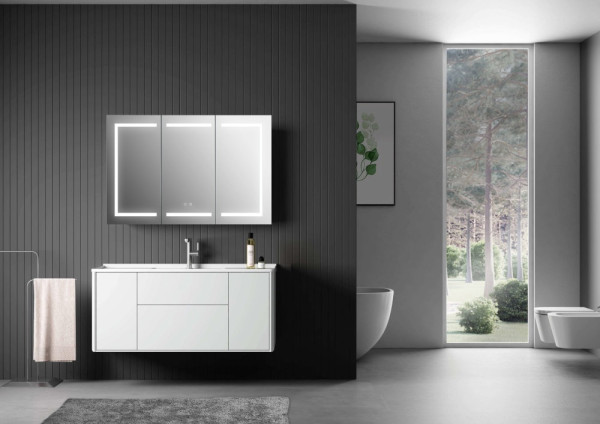 AQ7104-MLC Алюминиевый зеркальный шкаф с подсветкой 1000*700*133,крепеж.Две зерк. дверцы 49,85см, две стекл.полк, круговая подсветка, антизапотевание. Фото 5