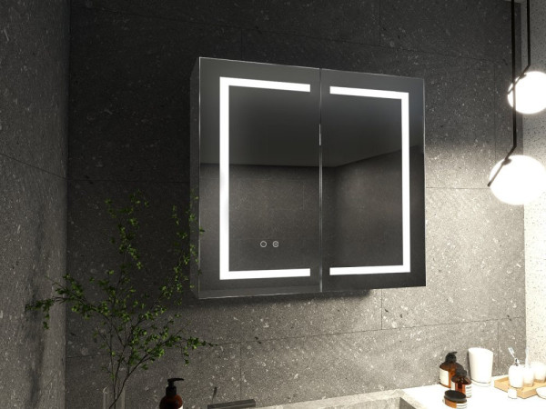 AQ7104-MLC Алюминиевый зеркальный шкаф с подсветкой 1000*700*133,крепеж.Две зерк. дверцы 49,85см, две стекл.полк, круговая подсветка, антизапотевание. Фото 6