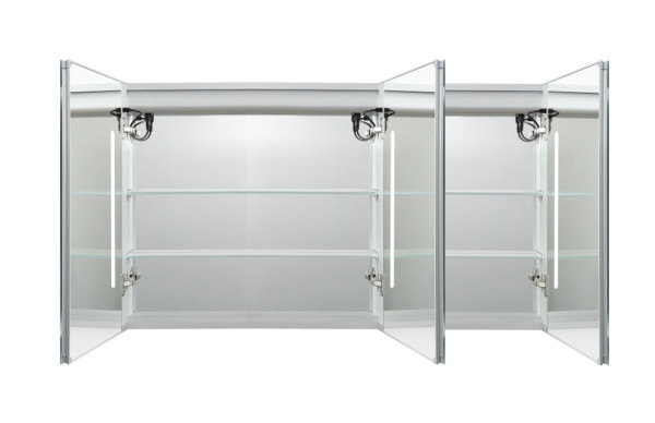 AQ7124-MLC Алюминиевый зеркальный шкаф с подсветкой 1200*700*133,крепеж.Три зерк.дверцы 39,8см, две стекл.полки, круговая подсветка, антизапотевание. Фото 2