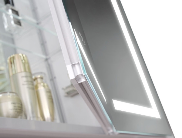 AQ7124-MLC Алюминиевый зеркальный шкаф с подсветкой 1200*700*133,крепеж.Три зерк.дверцы 39,8см, две стекл.полки, круговая подсветка, антизапотевание. Фото 4