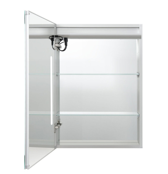 AQ7504-MLC Алюминиевый зеркальный шкаф с подсветкой 500*700*133,крепеж. Одна зеркальная дверца, две стекл.полки, круговая подсветка, антизапотевание. Фото 2