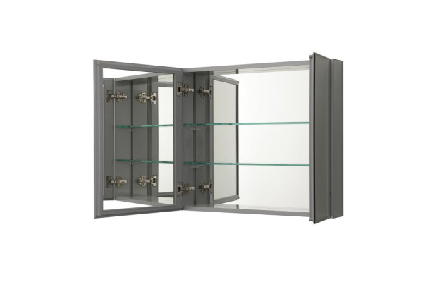 AQ7608-MC Алюминиевый зеркальный шкаф без подсветки 636*660*134, крепеж. Две зеркальные дверцы шириной 38 и 25,5 см. Две стекл.полки 6мм. Фото 6