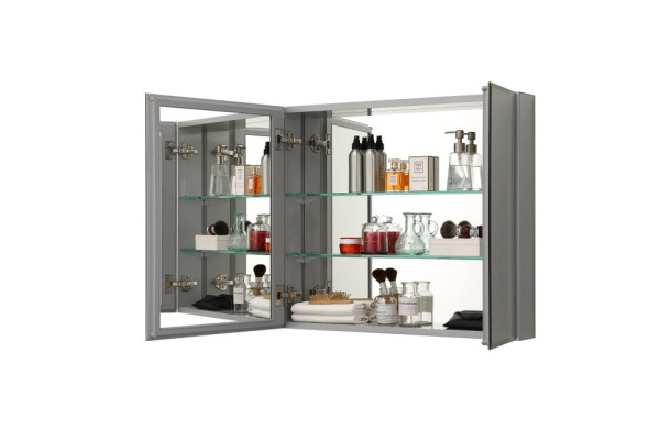 AQ7608-MC Алюминиевый зеркальный шкаф без подсветки 636*660*134, крепеж. Две зеркальные дверцы шириной 38 и 25,5 см. Две стекл.полки 6мм. Фото 7