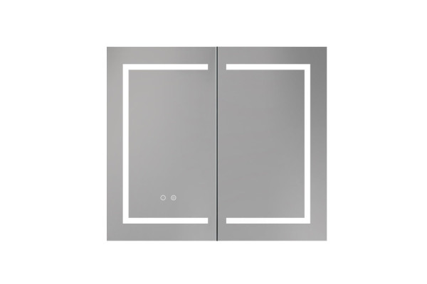 AQ7804-MLC Алюминиевый зеркальный шкаф с подсветкой 800*700*133,крепеж.Две зерк. дверцы 39,85см, две стекл.полк, круговая подсветка, антизапотевание. Фото 2