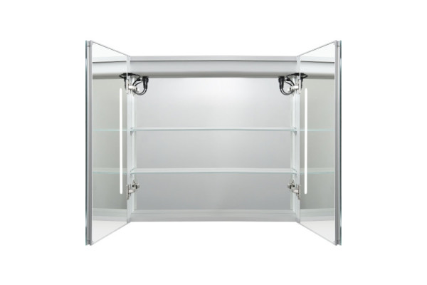 AQ7804-MLC Алюминиевый зеркальный шкаф с подсветкой 800*700*133,крепеж.Две зерк. дверцы 39,85см, две стекл.полк, круговая подсветка, антизапотевание. Фото 3