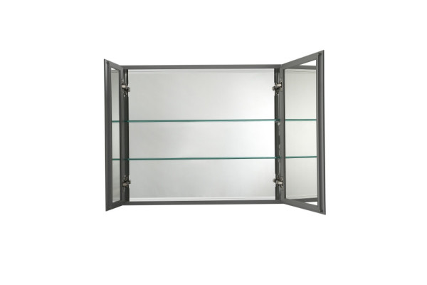 AQ7808-MC Алюминиевый зеркальный шкаф без подсветки 762*660*134,крепеж. Две зеркальные дверцы шириной 50,9 и 25,5 см. Две стекл.полки 6 мм. Фото 2