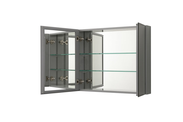 AQ7808-MC Алюминиевый зеркальный шкаф без подсветки 762*660*134,крепеж. Две зеркальные дверцы шириной 50,9 и 25,5 см. Две стекл.полки 6 мм. Фото 7