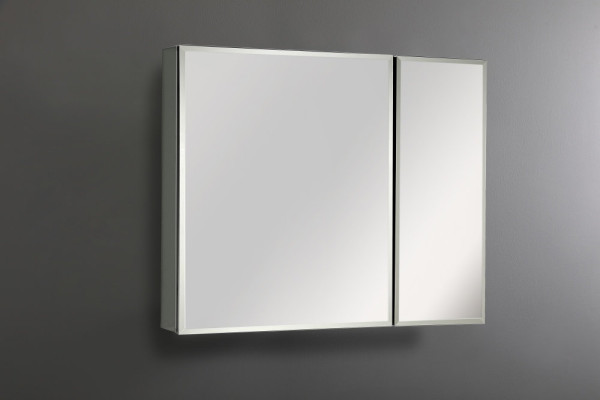 AQ7808-MC Алюминиевый зеркальный шкаф без подсветки 762*660*134,крепеж. Две зеркальные дверцы шириной 50,9 и 25,5 см. Две стекл.полки 6 мм. Фото 9