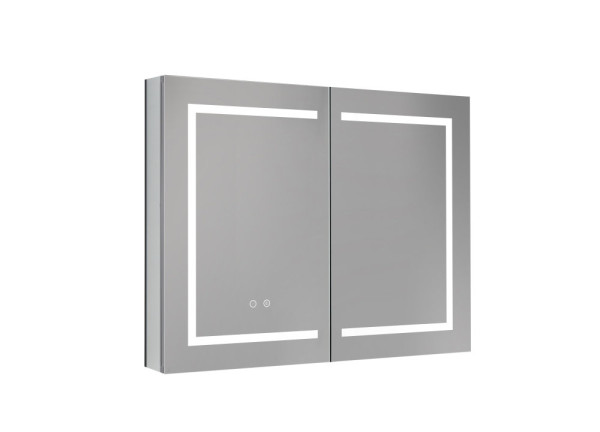 AQ7904-MLC Алюминиевый зеркальный шкаф с подсветкой 900*700*133,крепеж.Две зерк. дверцы 44,85см, две стекл.полк, круговая подсветка, антизапотевание. Фото 1