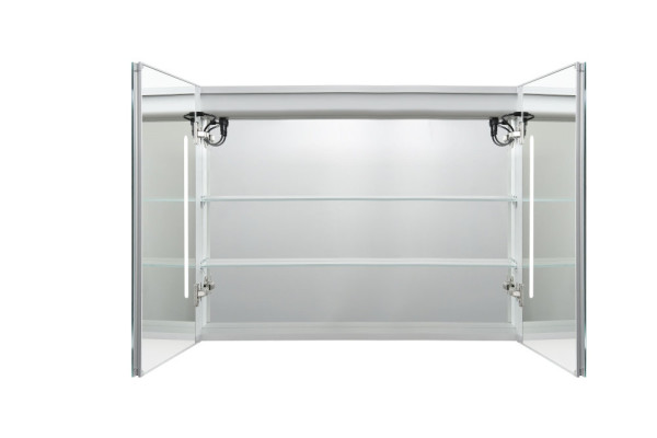 AQ7904-MLC Алюминиевый зеркальный шкаф с подсветкой 900*700*133,крепеж.Две зерк. дверцы 44,85см, две стекл.полк, круговая подсветка, антизапотевание. Фото 2