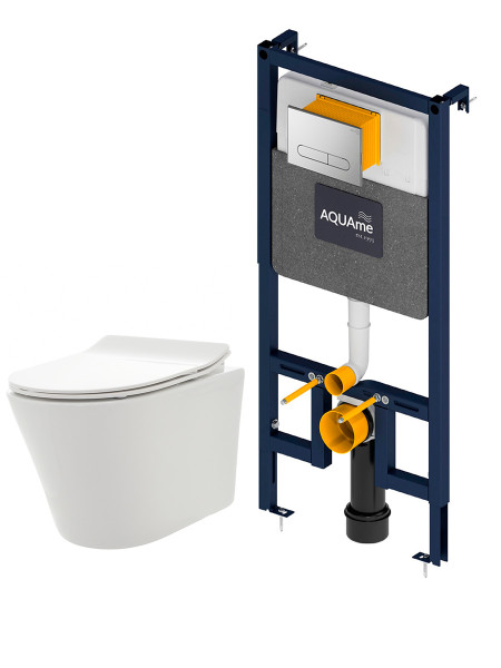 AQM42001CR Инсталляция с хром кнопкой + безободковый унитаз с сиденьем SoftClose (AQM4001CR+AQM2001). Фото 1