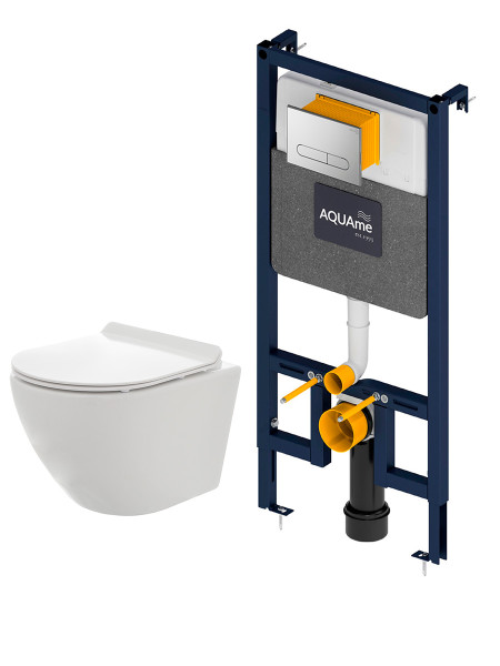 AQM42002CR Инсталляция с хром кнопкой + безободковый унитаз с сиденьем SoftClose (AQM4001CR+AQM2002). Фото 1