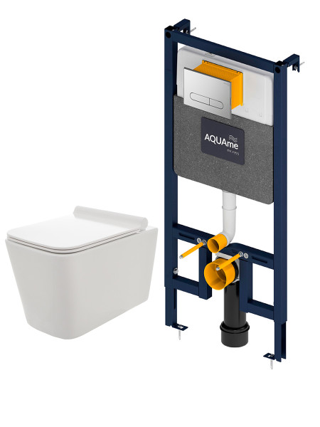 AQM42003CR Инсталляция с хром кнопкой + безободковый унитаз с сиденьем SoftClose (AQM4001CR+AQM2003). Фото 1