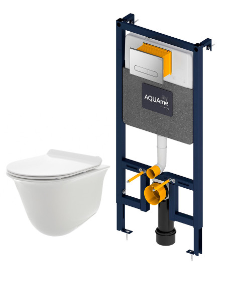 AQM42005CR Инсталляция с хром кнопкой + безободковый унитаз с сиденьем SoftClose (AQM4001CR+AQM2005). Фото 1