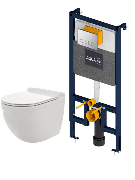 AQM42006CR Инсталляция с хром кнопкой + безободковый унитаз с сиденьем SoftClose (AQM4001CR+AQM2006). Фото 1