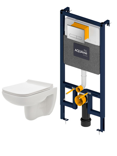 AQM42007CR Инсталляция с хром кнопкой + безободковый унитаз с сиденьем SoftClose (AQM4001CR+AQM2007). Фото 1