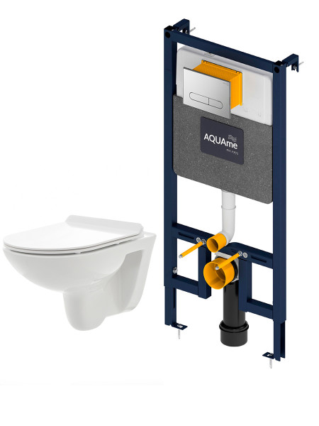 AQM42008CR Инсталляция с хром кнопкой + безободковый унитаз с сиденьем SoftClose (AQM4001CR+AQM2008). Фото 1