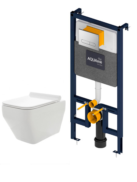 AQM42009CR Инсталляция с хром кнопкой + безободковый унитаз с сиденьем SoftClose (AQM4001CR+AQM2009). Фото 1