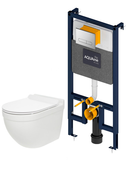 AQM42010CR Инсталляция с хром кнопкой + безободковый унитаз с сиденьем SoftClose (AQM4001CR+AQM2010). Фото 1