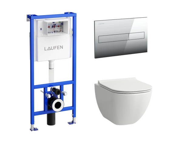 BASAL VPACK Laufen УНИТАЗ ПОДВЕСНОЙ RIMLESS, С СИДЕНЬЕМ SQ, 530X360 ММ, БЕЛЫЙ,+ РАМА И КЛАВИША, ХРОМ. Фото 1
