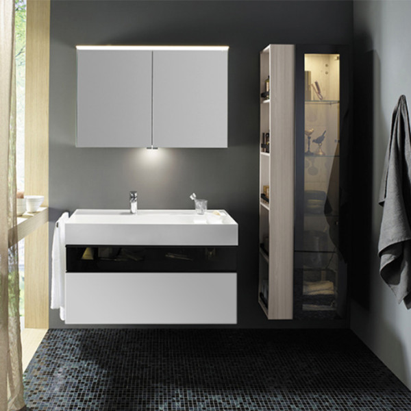 База 1015х640х470 мм.с умыв из мин литья с 1 отв под смес,2 выдв ящика с ручкой  Мокка G0179.верхн ящик из дымч стекла, цвет белый глянц.. Фото 1